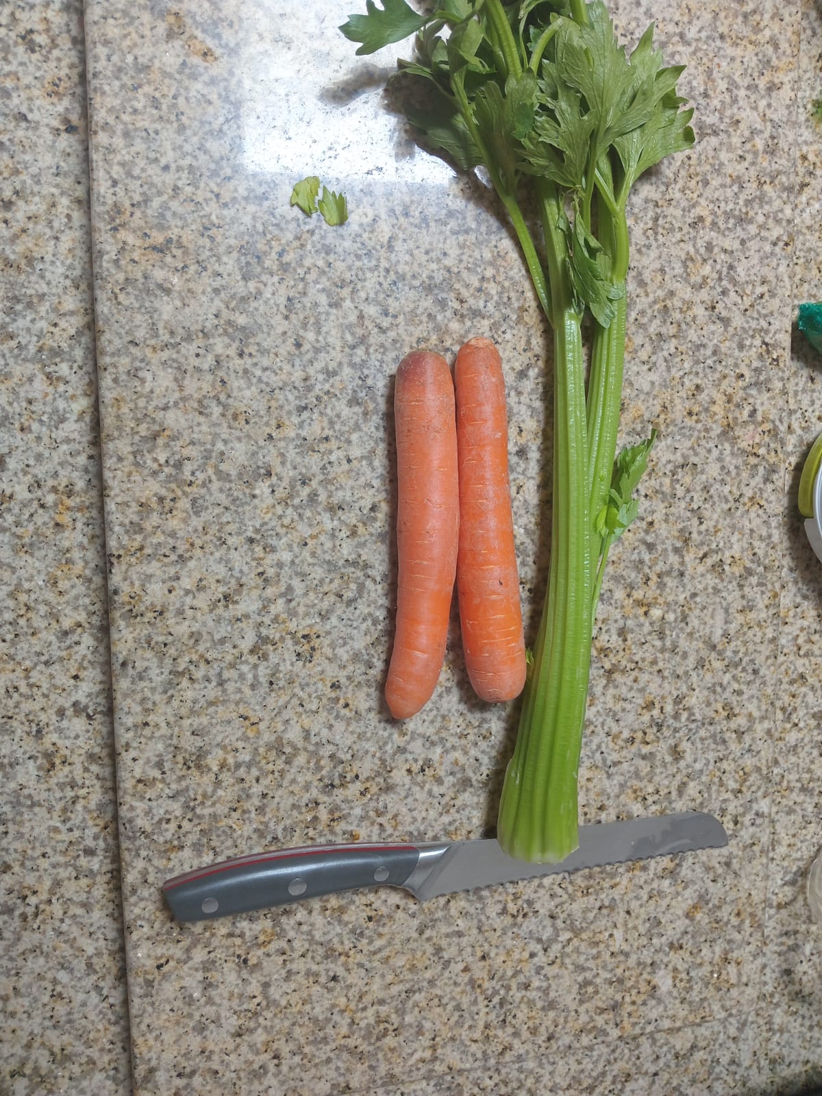two whole carrots and a celery stalk on the counter, a knife below