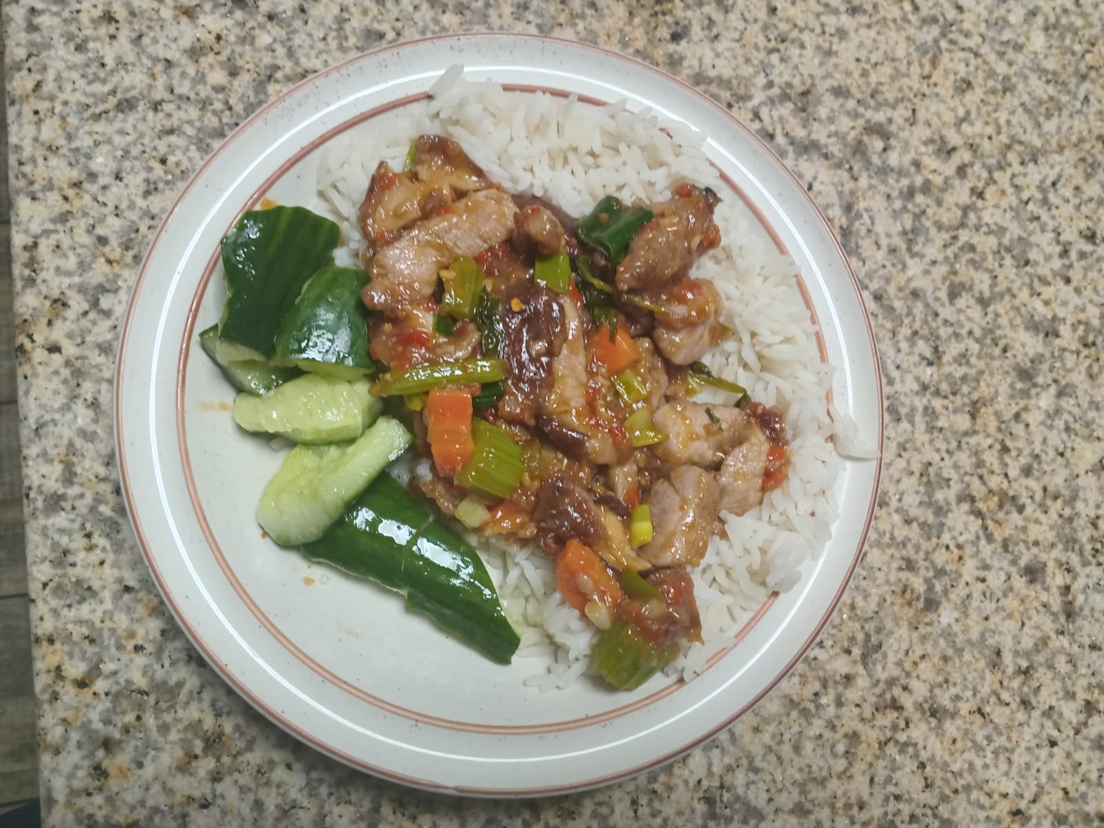 鱼香肉丝 over rice on a plate, smashed cucumber on the side