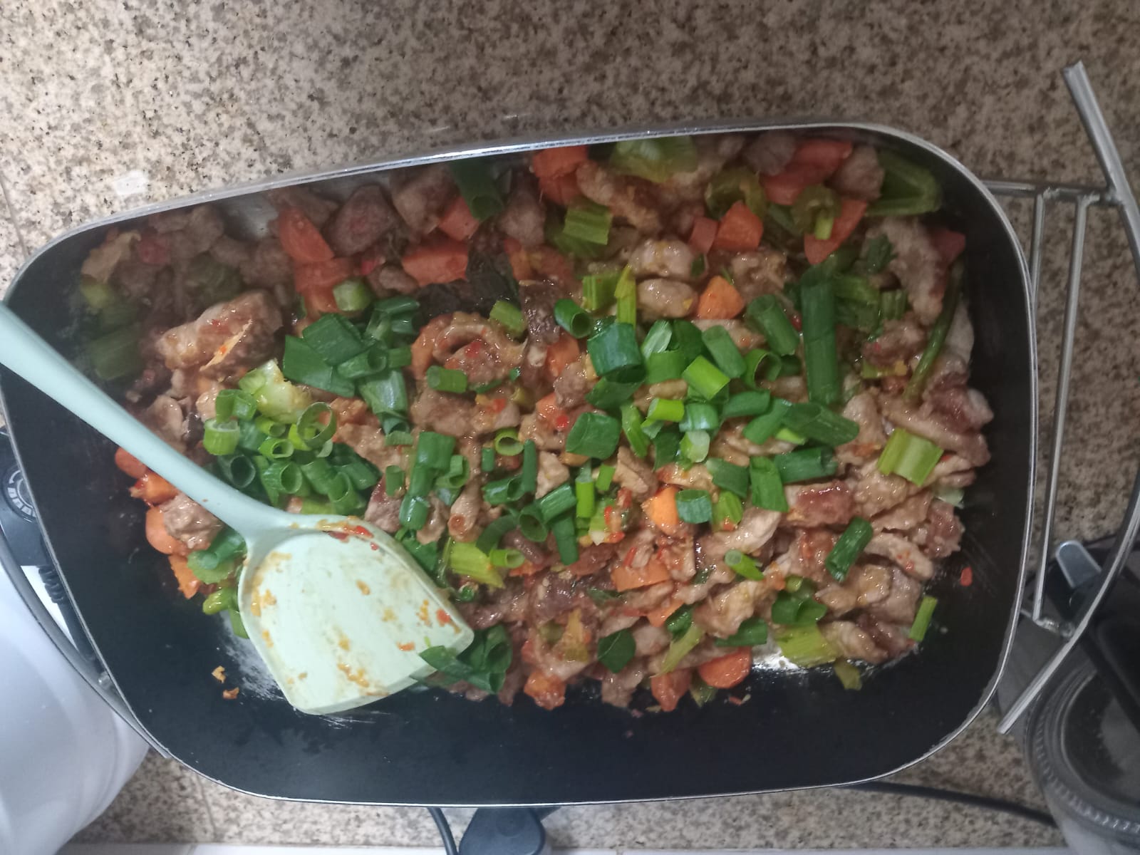 pork and vegetables together in a rectangular electric pan, spring onion greens on top